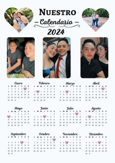 a calendar with three pictures of people and hearts on the front, in spanish language