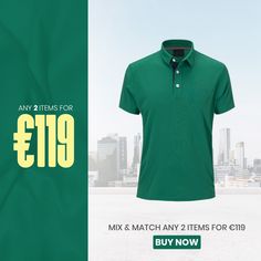 a green polo shirt with the number 919 on it and an image of a cityscape in the background