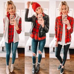 Red Plaid Flannel Outfit, Red And Black Flannel Outfit, Red Flannel Outfits, Christmas Day Outfit Casual, Ways To Wear A Flannel Shirt, Red Flannel Outfit, Ways To Wear A Flannel