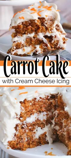 carrot cake with cream cheese icing is cut into pieces and sits on a white plate