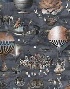 an image of many balloons flying in the sky with animals and birds around them on a dark background