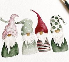 three gnomes painted in watercolor on paper