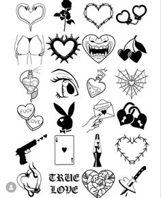 various tattoo designs are shown in black and white, with the words true love written on them