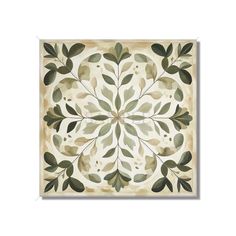 an artistic tile design with leaves and dots in beige, green and cream colors on a white background