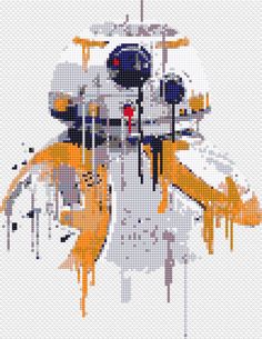 the cross stitch pattern shows an image of a robot with yellow and black paint splattered on it