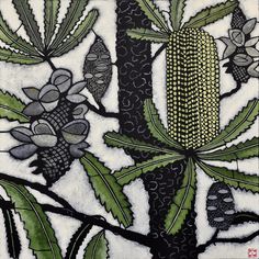 a painting of leaves and flowers on a white background with black dots in the center