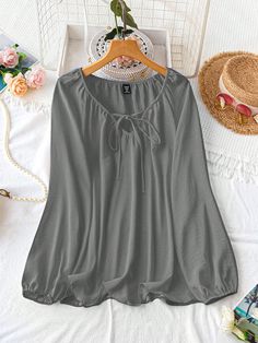 Plus Size Solid Color Tie Collar Casual Long Sleeve Shirt Grey Casual  Long Sleeve Woven Fabric Plain Top Non-Stretch  Women Plus Clothing, size features are:Bust: ,Length: ,Sleeve Length: Casual Long Sleeve Shirts, Plain Tops, Elegant Dresses Long, Knitted Tank Top, Kids Sleepwear, Inspiration Mode, Casual T Shirts, Wide Leg Jeans, Plus Clothing