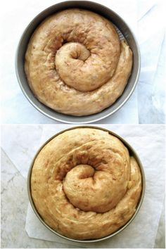 two pictures of the inside of a loaf of bread, one with a spiral design on it