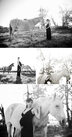 black and white photos of two women with horses in the woods, one woman standing next to a horse