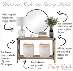 an entry table with two baskets and a mirror on it, labeled how to style an entry table