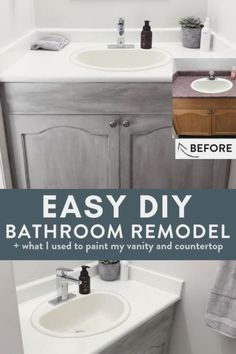 bathroom remodel with the words easy diy bathroom remodel and what i used to paint my vanity and countertop