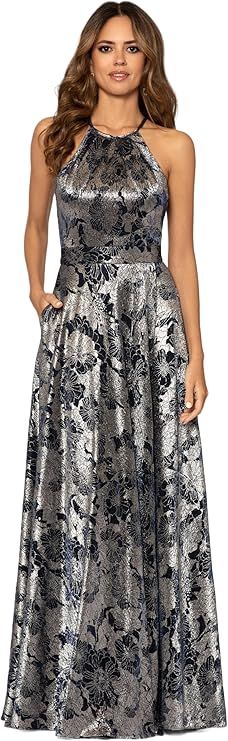 Get ready to turn heads in this stunning Betsy & Adam gown. Made with a metallic crinkle floral fabric, it features a halter neck and a twirl-worthy wrap overlay skirt. Perfect for special occasions and black-tie events."
Hashtags: #BetsyAndAdam #SpecialOccasionDress #HalterGown #MetallicPrint #WrapOverlay #ElegantFashion #whimsicalstyle Foil Print Dress, Bachelorette Party Dress, Rehearsal Dinner Dresses