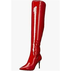 a red high heeled boot is shown in front of a white background with the word,