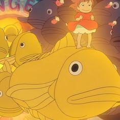 there is a cartoon character standing on the top of a fish with other characters around it