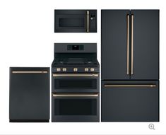 a black stove, oven and refrigerator with gold trimmings on the doors are shown