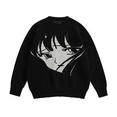 Otaku Face Print Sweater - h0neybear Black Y2k Knit Sweater, Black Knitted Crew Neck Sweatshirt, Y2k Crew Neck Knit Sweater, Black Y2k Long Sleeve Sweatshirt, Black Long Sleeve Y2k Sweatshirt, Trendy Anime Print Sweatshirt For Fall, Black Emo Streetwear Sweater, Trendy Fall Anime Print Sweatshirt, Black Emo Sweater For Streetwear