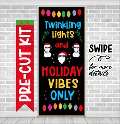 two christmas lights and holiday vibes only banners hanging on a brick wall next to each other