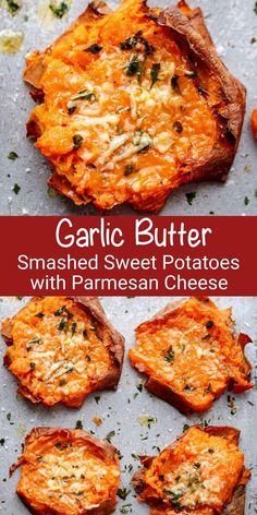 garlic butter smashed sweet potatoes with parmesan cheese are the perfect appetizer