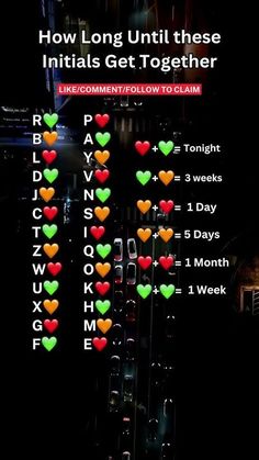 the words how long until these initials get together are written in red, green and yellow hearts