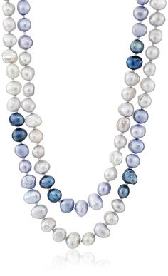 "6-7mm Baroque Freshwater Cultured Pearl Endless Necklace,  Pearl Shape: Baroque Color: Dyed Blue Length: 50 inches, endless (no clasp) Long single-knotted pearl strand featuring 155 freshwater pearls in baroque shape. Give your feminine and classic style a colorful twist with the Freshwater Aqua Baroque Pearl Endless Necklace (6-7mm), 50\". Freshwater-cultured pearls showcase their high-luster and unique baroque shape along a simple chain. The single knots that are placed between each pearl protect the pearls surface, or nacre, and allowing the beautiful aqua color to remain wear after wear. The 50\" length creates a very versatile strand. Wear it as one long length to create an edgy look or try layering the strand to showcase your girly and glamorous style with a variety of necklines." Tiny Pearl Necklace, Chain Threader Earrings, Cottagecore Jewelry, Dainty Pearl Necklace, Layered Beaded Necklaces, Silver Threader Earrings, Natural Pearl Necklace, Simple Chain, Pearl Bridal Jewelry