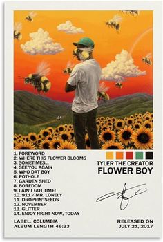 a man standing in front of a field of sunflowers with the words tyler the creator on it