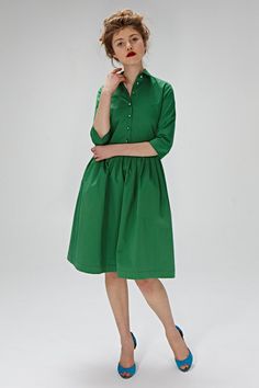 "Women Green Dress, Cotton Dress, Plus Size Dress ❃ The power of a beautiful dress is not to be underestimated. The right dress can transform your confidence and break hearts from across the room. Unlock that power with this simply beautiful 1950s dress. ❃ This flattering button down \"Cora\" dress is a classic 1950s style, handmade from a stunning green, Liberty of London fabric. This chic shirtwaist bodice dress is accented with three-quarter sleeves, a pointed collar and shiny buttons down th Classic Full Skirt Day Dress, Classic Full Skirt Dress For Daywear, Classic Full Skirt Daywear Dress, Classic Daywear Dress With Full Skirt, 1950s Style Spring Workwear Dresses, Classic Green Cotton Dress, 1950s Style Full Skirt Daywear Dresses, 1950s Collared Day Dresses, 1950s Collared Daywear Dresses