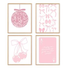 four pink and white wall art prints with bows, hearts, cherries, and an ornament