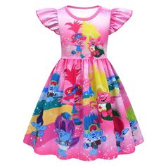 PRICES MAY VARY. Made of quality soft polyester material, the fabric is breathable, light and comfortable, ensure your girl feel cozy day and night. All over cute cartoon printed casual dress, design is printed with our high-grade sub dye printer for vibrant colors. Sublimation printing for clear and eye popping colors. High quality that is comfortable to wear on any occasion. Perfect for birthday gifts,daily wear,outdoor activities,theme parties,school wear and holidays. Features cute flutter s Trolls Dress, Popping Colors, Cartoon Movie Characters, Baby Costumes Girl, School Wear, Printed Casual Dresses, Graphic Dress, Girls Cartoon, Theme Parties