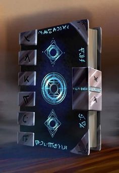 an open book with various symbols on the front and back cover, in blue light