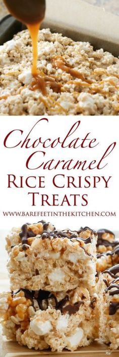 chocolate caramel rice krispy treats are being drizzled with orange juice