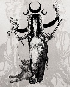 a drawing of a woman sitting on top of a goat next to a demon with two horns