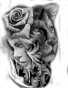 a black and white photo of a woman with a rose on her head next to a lion