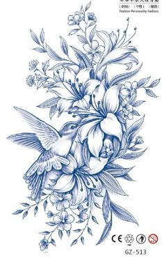 a drawing of flowers and birds on a white background