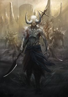 an image of a man with horns holding two swords in front of some other men