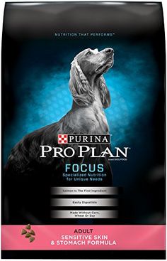 a bag of proplan focus salmon and rice formula dog food with an image of a dog's head