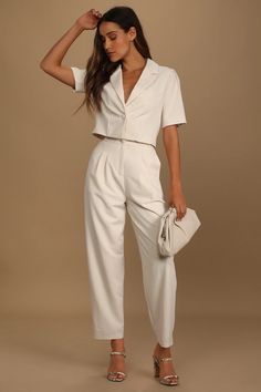 Ivory Short Sleeve Blazer - Cropped Blazer - Button-Up Blazer - Lulus Cropped Blazer Dress, Short Sleeve Blazer Outfit, Short Blazer Outfits, Crop Blazer Outfit, Cropped Blazer Outfit, High Waisted Trouser Pants, Summer Business Casual Outfits, Short Jackets, Short Blazer