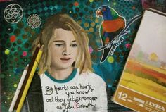 a painting of a girl with a bird on her shoulder and a pencil next to it