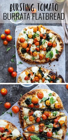 three different types of pizzas sitting on top of each other with cheese, tomatoes and basil