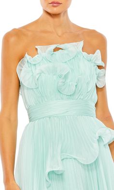 Long strapless pleated a-line formal dress with ruffle accent and empire waist. Asymmetrical Tiered Skirt, Flare Outfit, Ethereal Gown, Vestidos Color Coral, Glitter Prom Dresses, Waist Sash, Sequin Prom Dresses, Chiffon Fashion, Short Summer Dresses