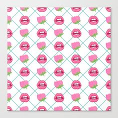 a pattern with pink lips and green leaves on a white background canvas wall art print