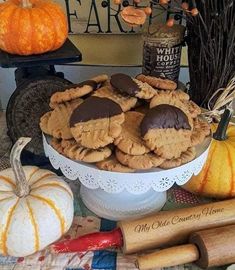 a bowl filled with cookies next to pumpkins