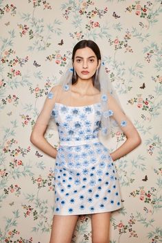 Lulu White Silk Mini Dress With Blue Daisy Beading Blue Wedding Dress With Straight Neckline, Spring Wedding Mini Dress With Straight Neckline, Summer Wedding Mini Dress With Straight Neckline, White Silk Mini Dress, White Strapless Mini Dress, Daisy Embroidery, Bow Belt, Silk Bow, Blue Daisy