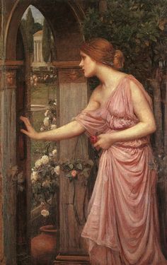 a painting of a woman in a pink dress holding her hand out to the door