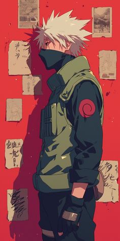 an anime character standing in front of a red wall with papers on the walls behind him