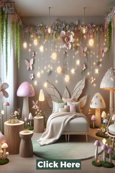 a bedroom decorated with fairy lights and flowers on the wall above the bed is a mushroom - like room