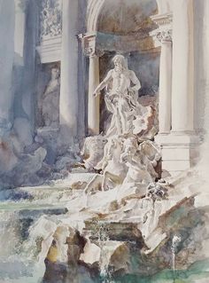 a watercolor painting of a fountain with a statue in the center and columns around it