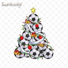 a christmas tree with soccer balls on it