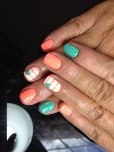 Nails shellac gelish gel nails nails art stripes heart teal orange neon white summer nails Manicure Shellac, Shellac Nail Art, Nails Opi, Nail Art Stripes, Gelish Nails, Nails Polish, Shellac Nails, Nails Summer