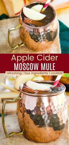 an apple cider moscow mule is served in a copper mug with a striped straw