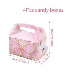 a pink box with a butterfly design on the front and side, measurements for it